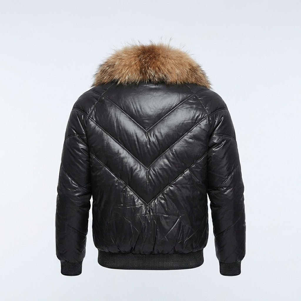 Men’s Black Bubble V-Bomber Leather Jacket – Quilted Winter Street Style