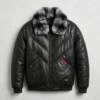 Men’s Black V-Bomber Leather Jacket – Quilted Street Style Bomber
