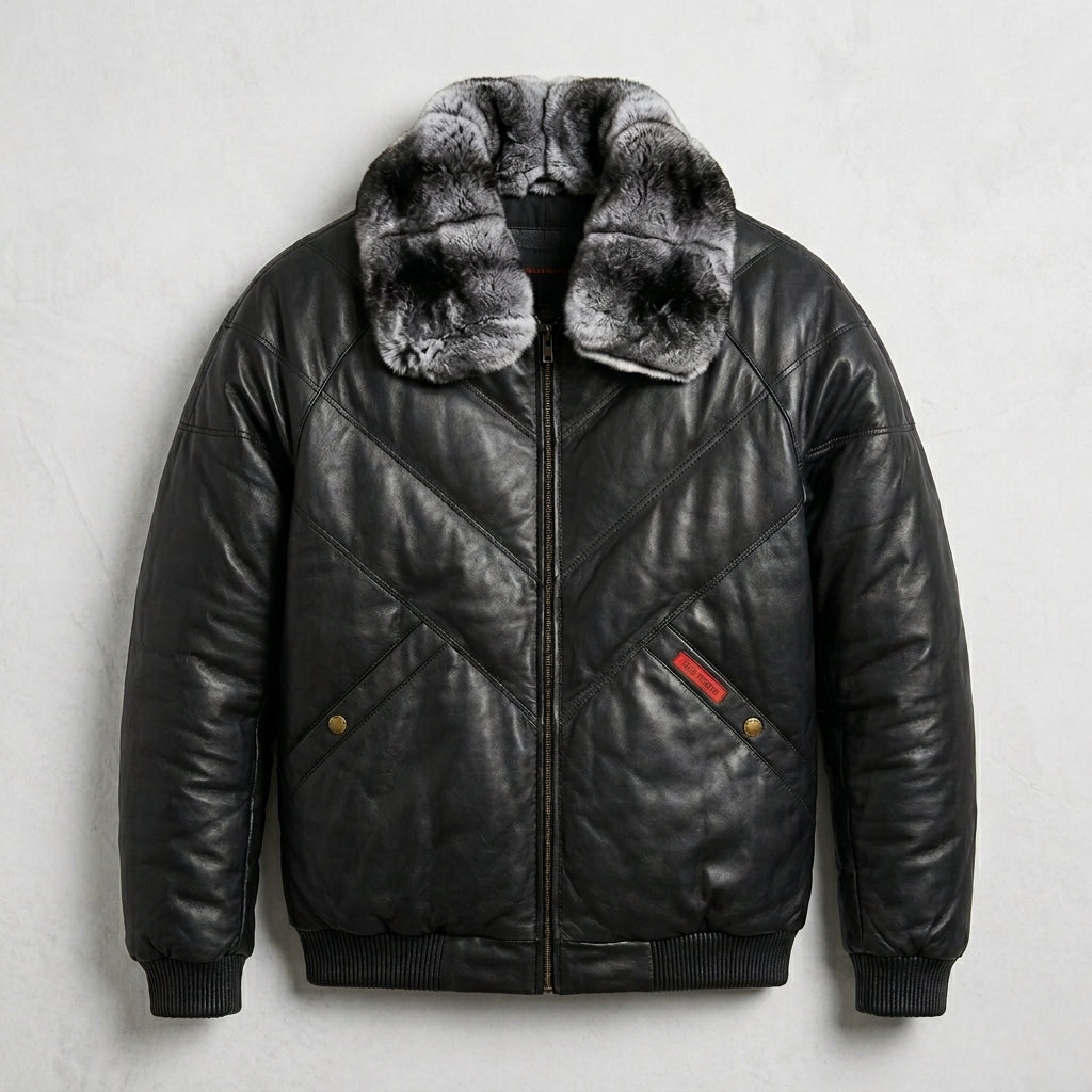 Men’s Black V-Bomber Leather Jacket – Quilted Street Style Bomber