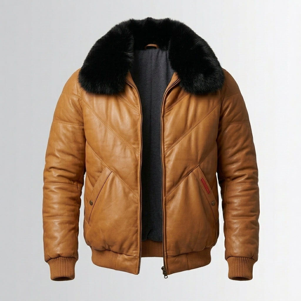 Men’s Brown V-Bomber Leather Jacket – Classic Quilted Outerwear Bomber