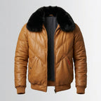 Men’s Brown V-Bomber Leather Jacket – Classic Quilted Outerwear Bomber