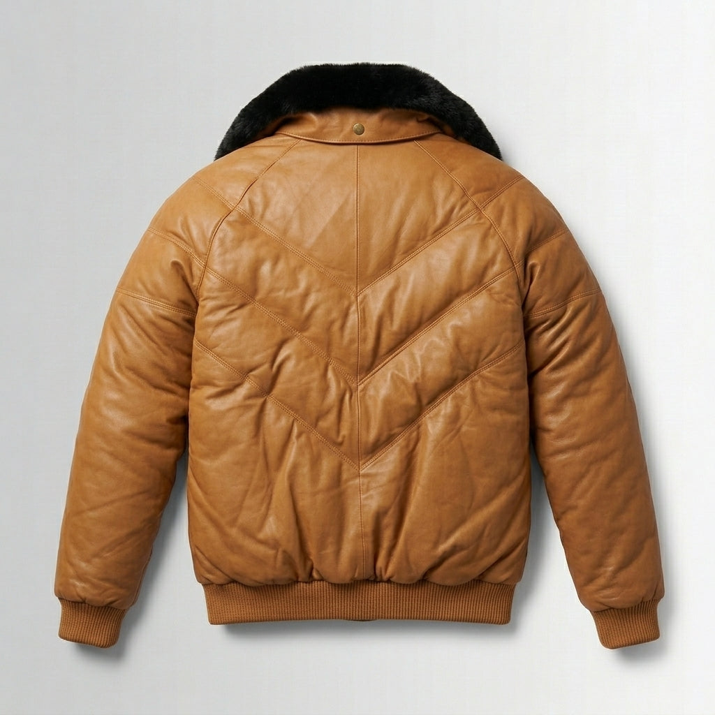 Men’s Brown V-Bomber Leather Jacket – Classic Quilted Outerwear Style