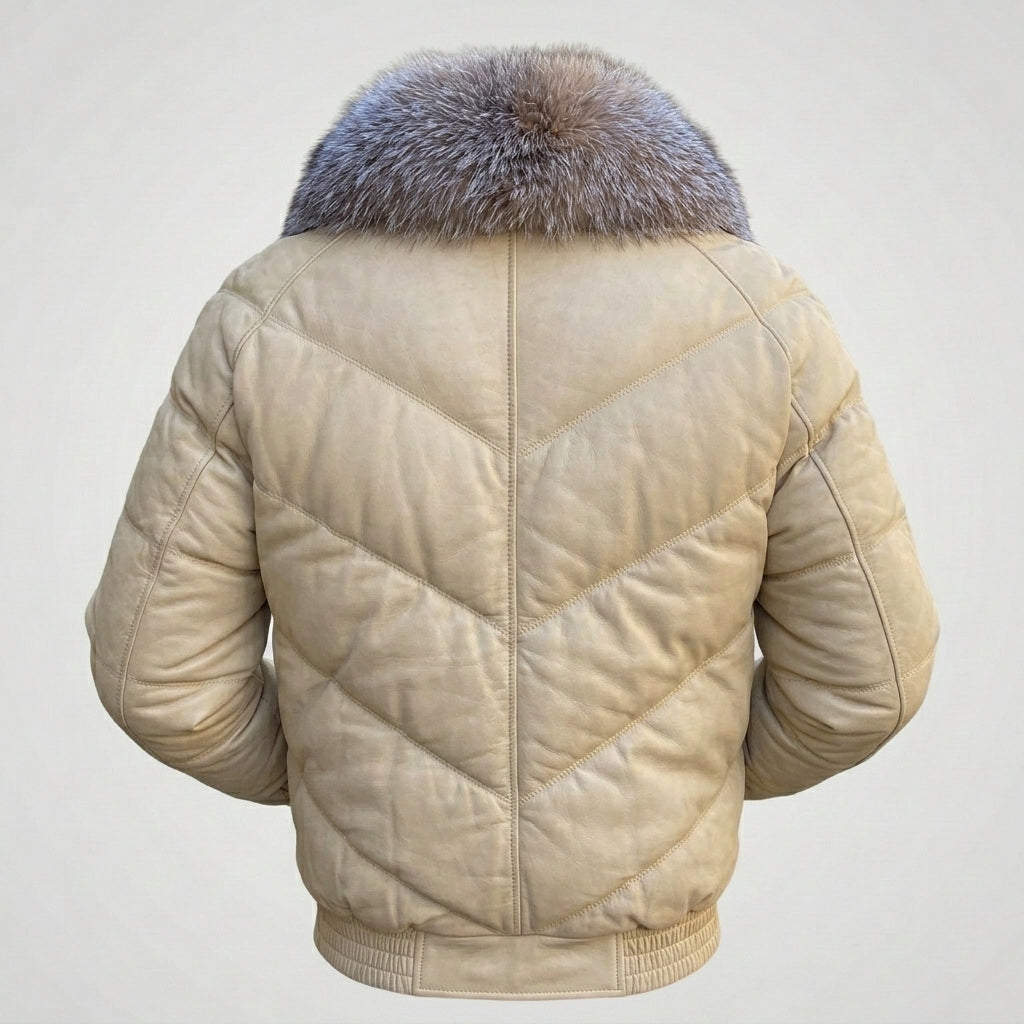 Men’s Cream V-Bomber Jacket – Quilted Leather Street Style