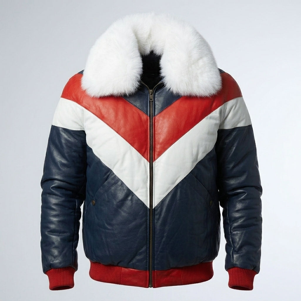 Men’s Shearling Collar Leather Jacket – V-Bomber Aviator Style