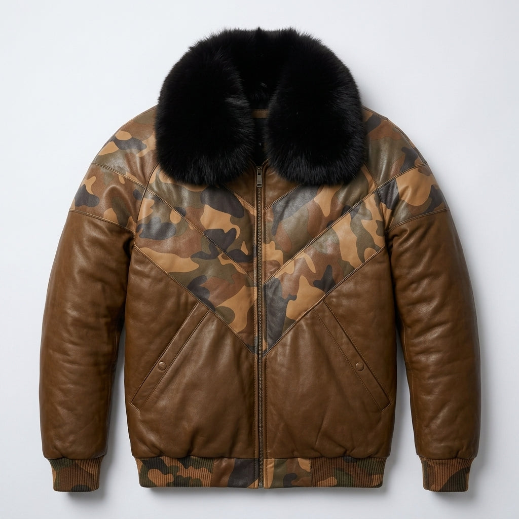 Men’s Shearling Collar Leather Jacket – V-Bomber Aviator Style