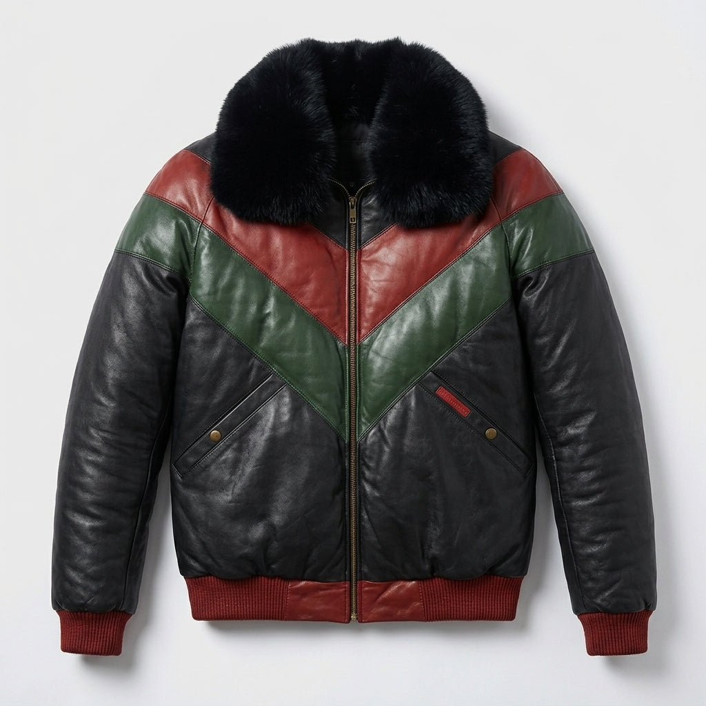 Men’s Stylish Multicolor V-Bomber Leather Jacket – Quilted Streetwear Style
