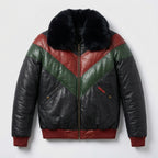 Men’s Stylish Multicolor V-Bomber Leather Jacket – Quilted Streetwear Style