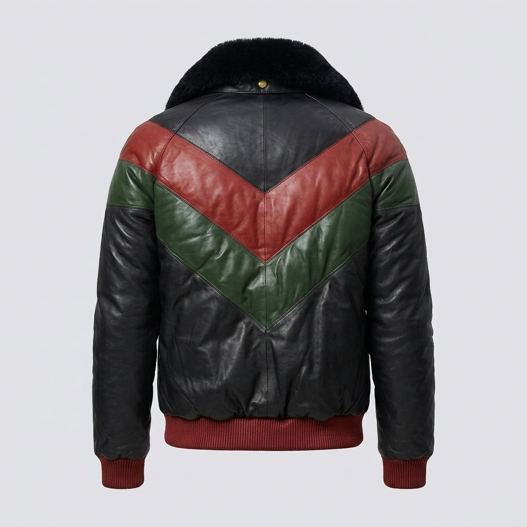 Men’s Stylish Multicolor V-Bomber Leather Jacket – Quilted Streetwear Style