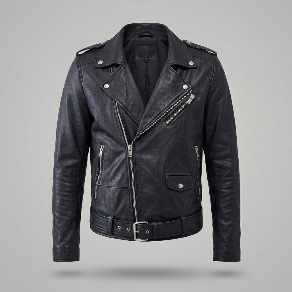 Men’s Black Leather Biker Jacket – Classic Moto Rider Style