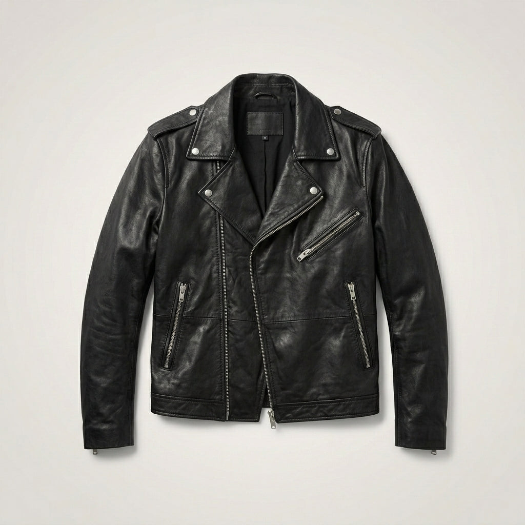 Men’s Black Leather Motorcycle Jacket – Classic Biker Riding Style