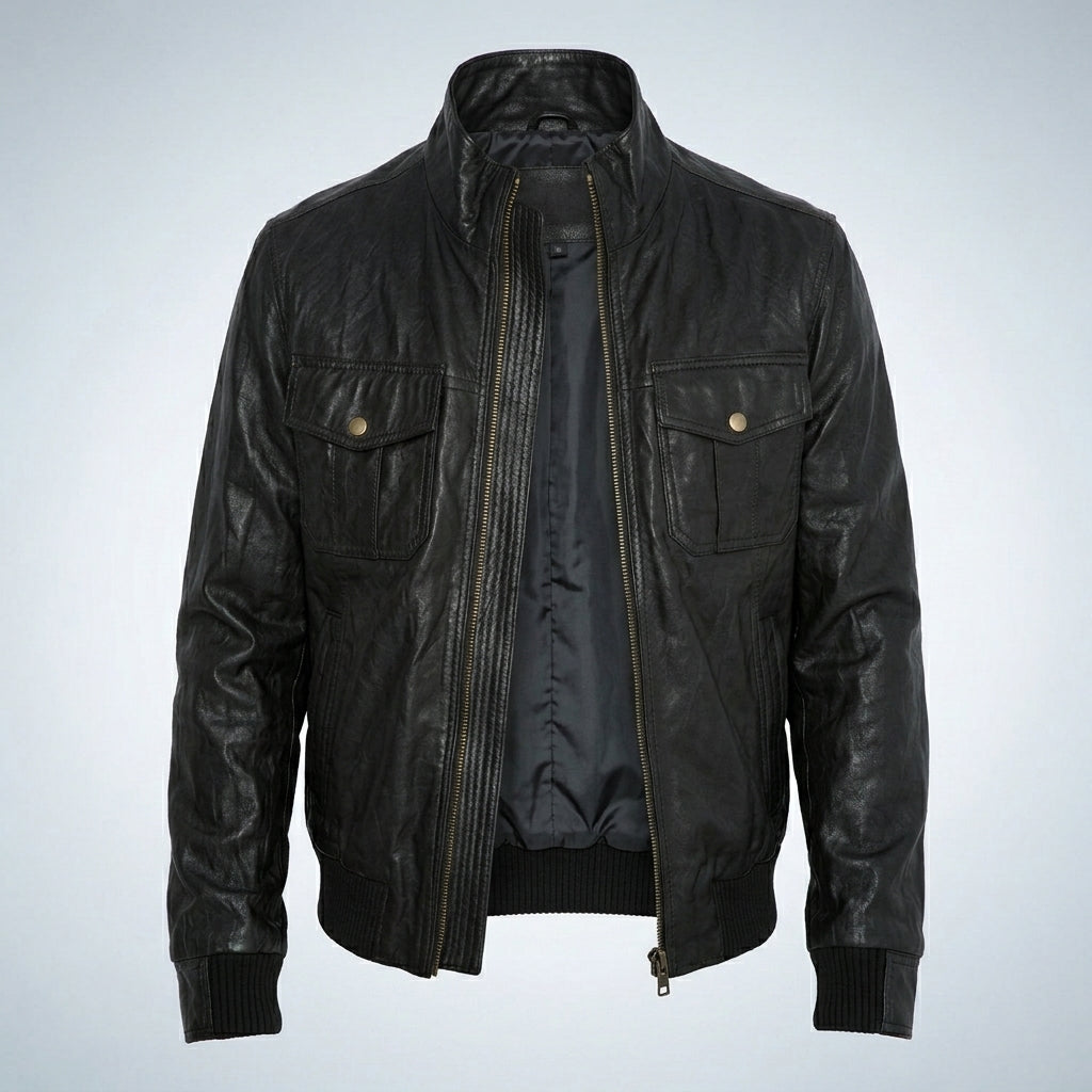 Men’s Fitted Black Leather Bomber Jacket – Slim Fit Classic Style