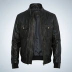 Men’s Fitted Black Leather Bomber Jacket – Slim Fit Classic Style