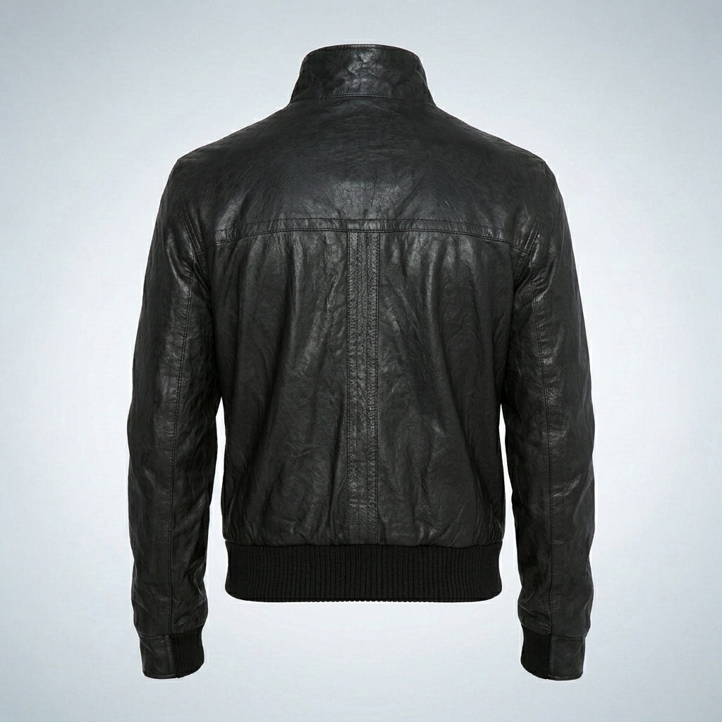 Men’s Fitted Black Leather Bomber Jacket – Slim Fit Classic Style