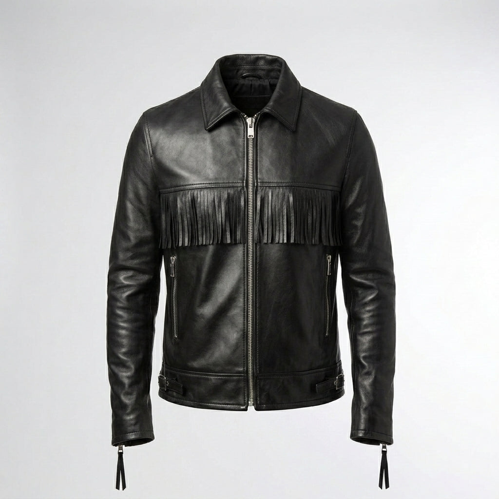 Men’s Handmade Black Western Fringe Leather Jacket