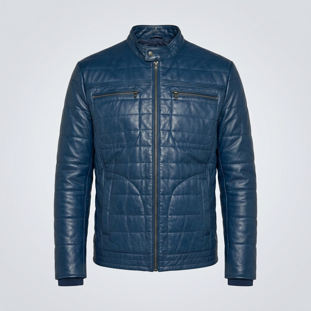Men’s Blue Leather Jacket – Stylish Slim Fit Casual Biker Style