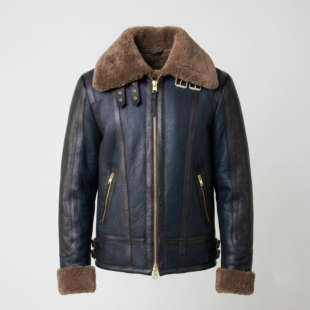 Men’s Blue Sheepskin Shearling Jacket – Premium Aviator Winter Style