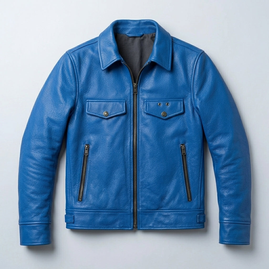 Men’s Blue Trucker Style Café Racer Motorcycle Jacket
