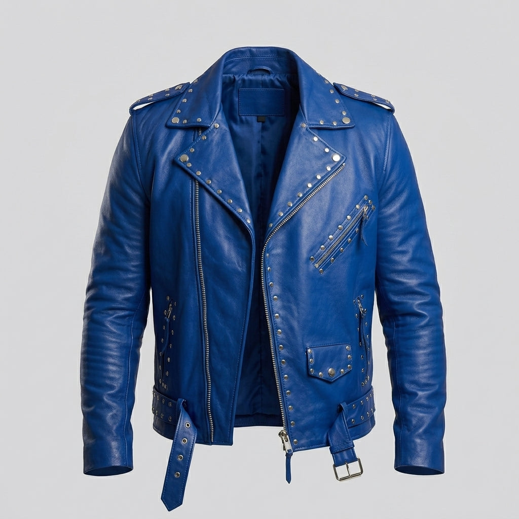 Men’s Studded Blue Leather Biker Jacket – Slim Fit Moto Style
