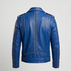 Men’s Studded Blue Leather Biker Jacket – Slim Fit Moto Style