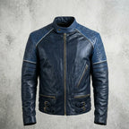 Men’s Black & Blue Biker Leather Jacket – Slim Fit Moto Style