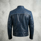 Men’s Black & Blue Biker Leather Jacket – Slim Fit Moto Style