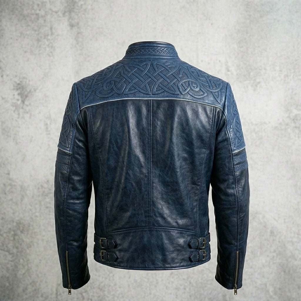Men’s Black & Blue Biker Leather Jacket – Slim Fit Moto Style