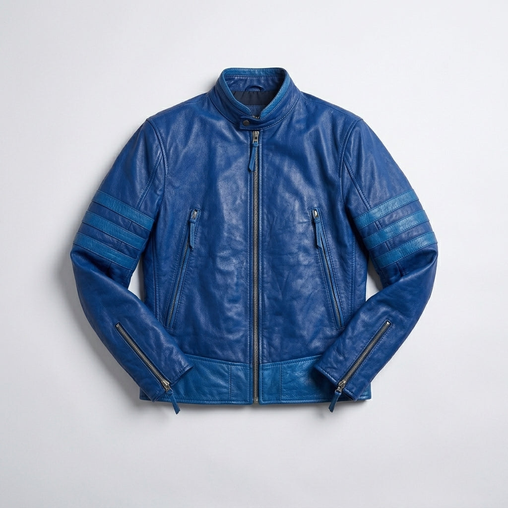 Men’s Blue Leather Racing Jacket – Bold Stripe Moto Style