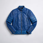 Men’s Blue Leather Racing Jacket – Bold Stripe Moto Style