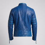 Men’s Blue Leather Racing Jacket – Bold Stripe Moto Style
