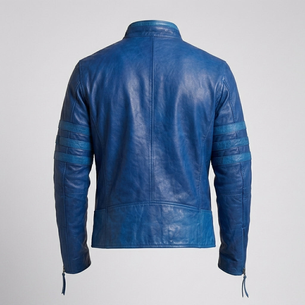 Men’s Blue Leather Racing Jacket – Bold Stripe Moto Style