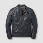 Men’s Navy Leather Moto Jacket – Slim Fit Modern Biker Style
