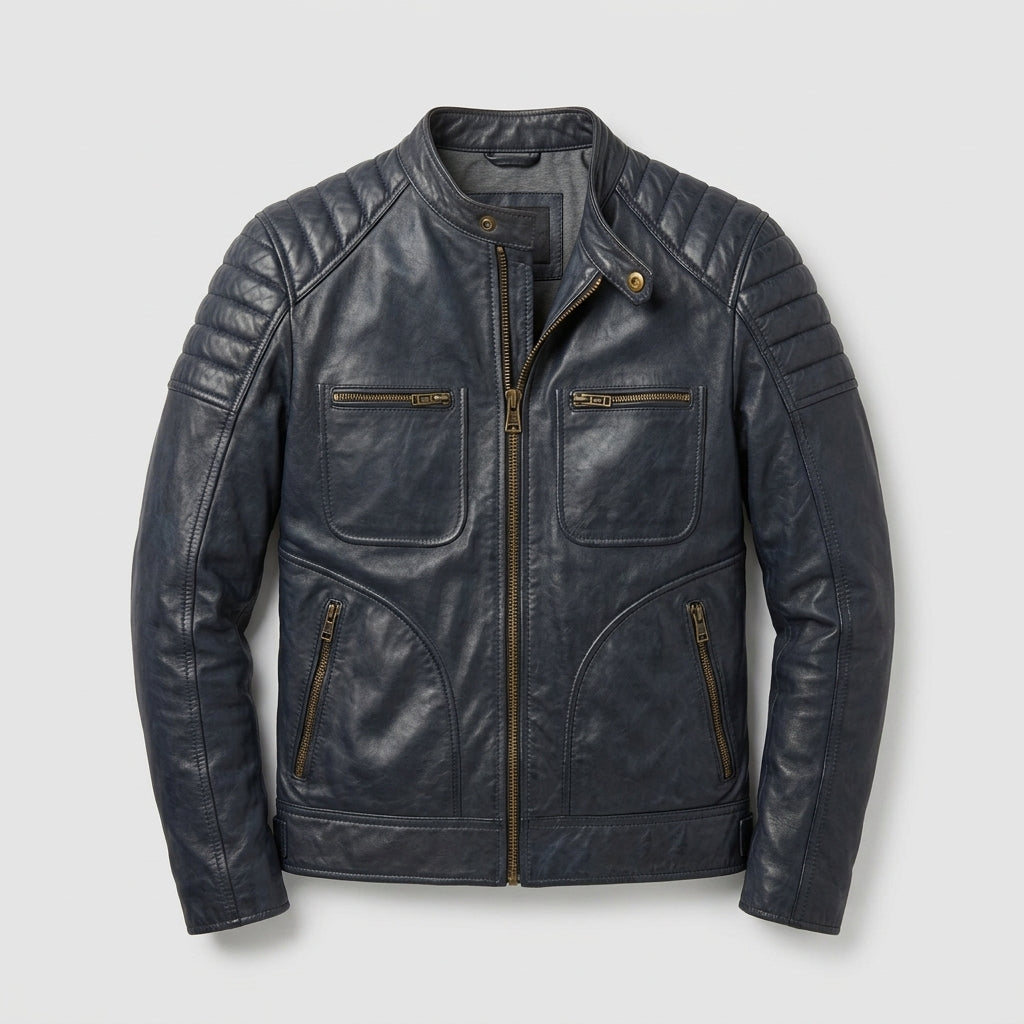 Men’s Navy Leather Moto Jacket – Slim Fit Modern Biker Style