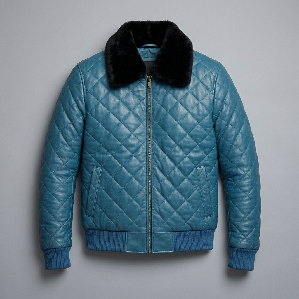 Men’s Blue Bomber Leather Jacket – Slim Fit Casual Aviator Style