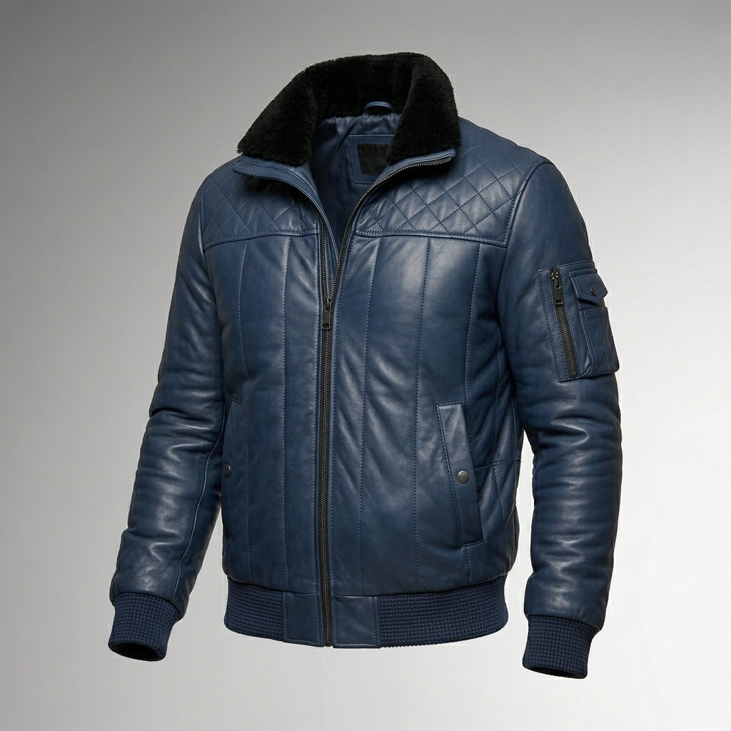 Men’s Sapphire Blue Bomber Jacket – Slim Fit Leather Style