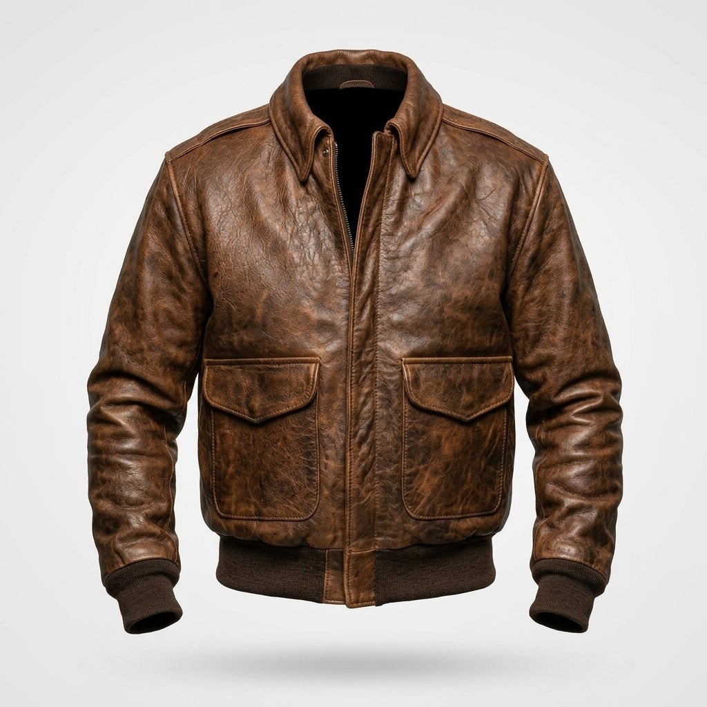 Men’s Brown A-2 Pilot Leather Jacket – Classic Military Flight Bomber Style