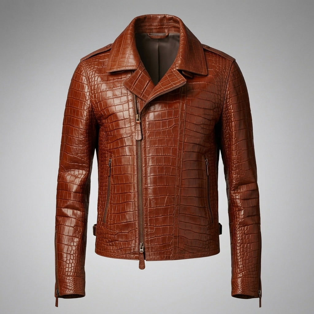 Men’s Brown Croc Leather Biker Jacket – Exotic Textured Moto Style