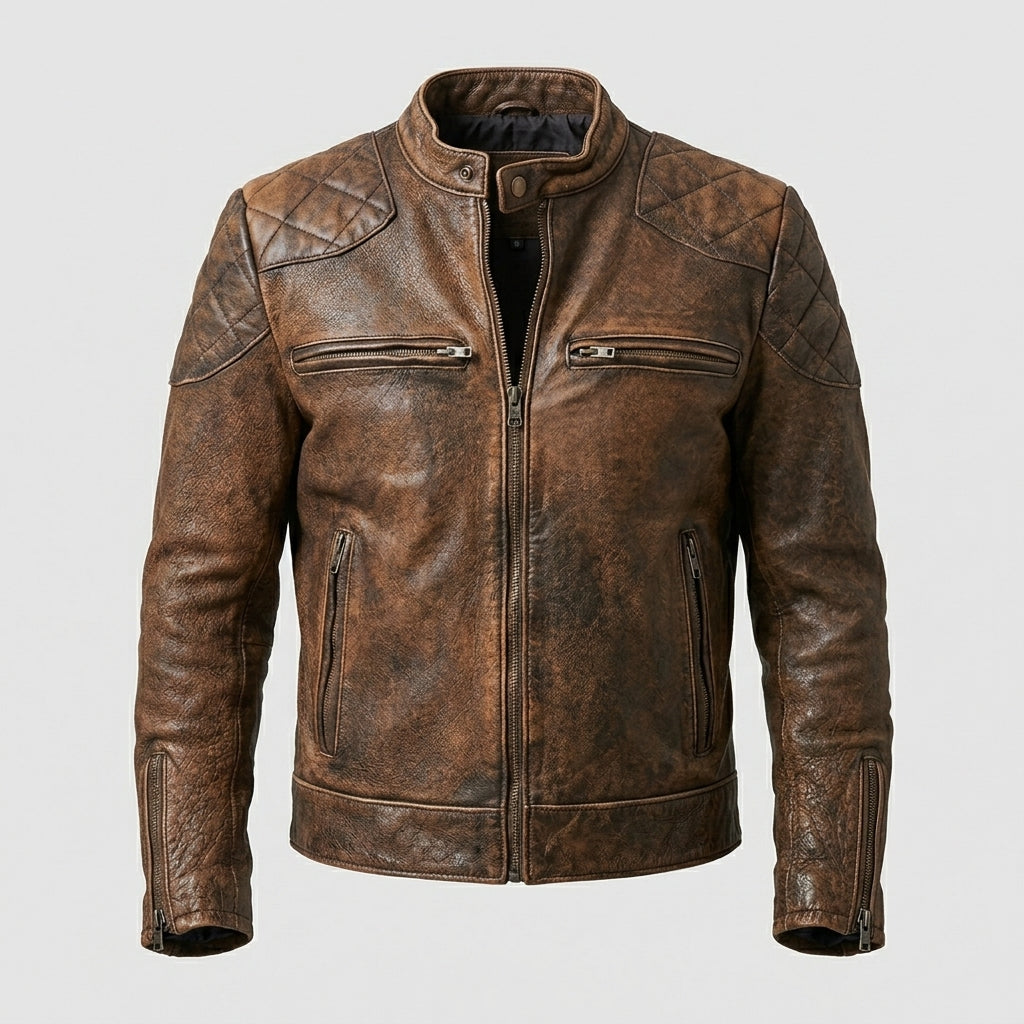 Men’s Brown Leather Café Racer Biker Jacket