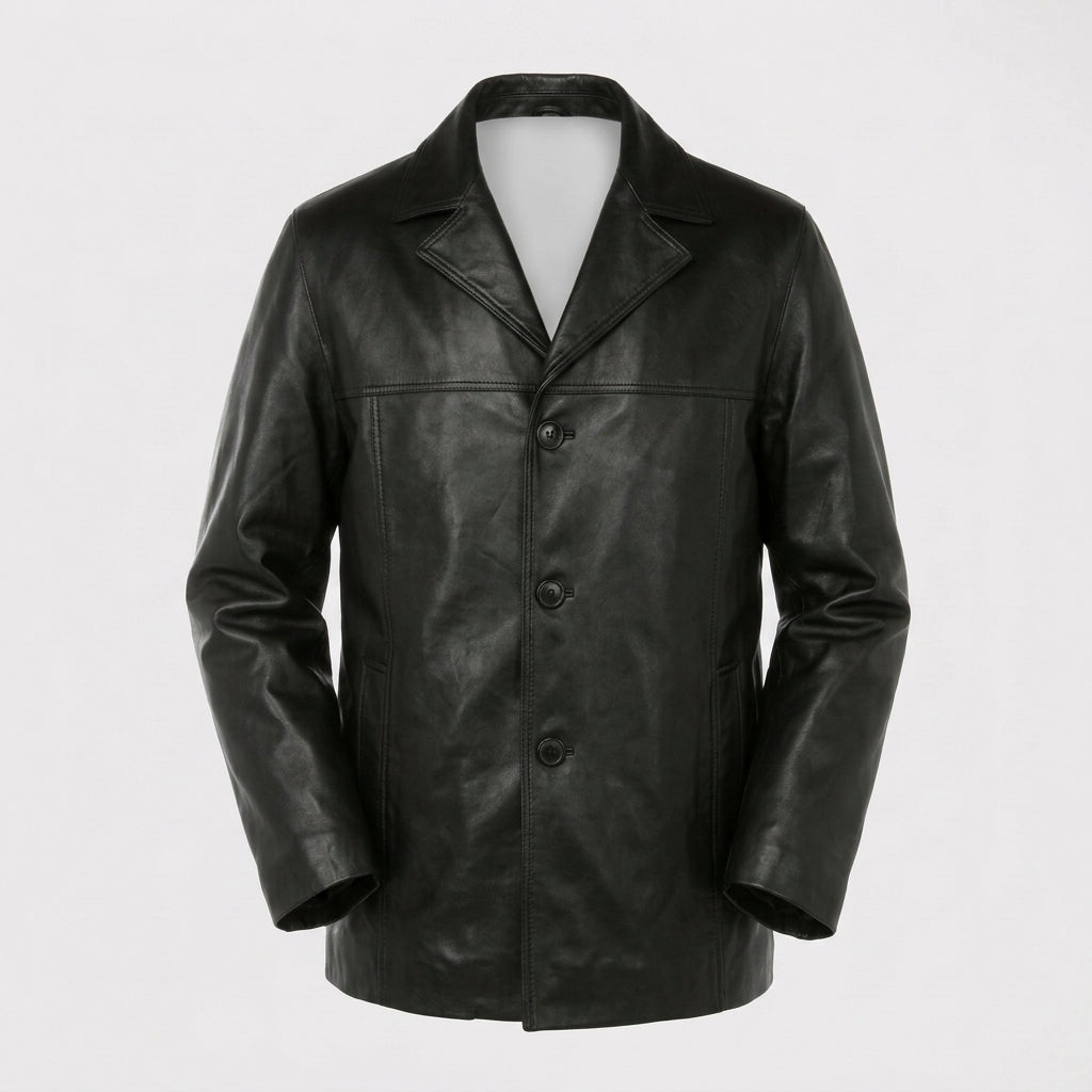 Men’s Black Lambskin Leather Overcoat Blazer Jacke