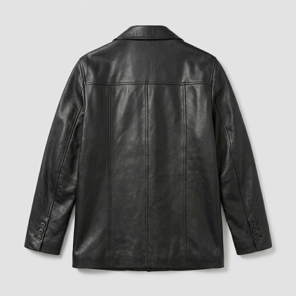Men’s Black Lambskin Leather Overcoat Blazer Jacke