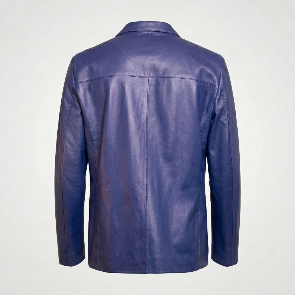 Men’s Classic Blue Leather Blazer Jacket – Slim Fit Smart Casual Style