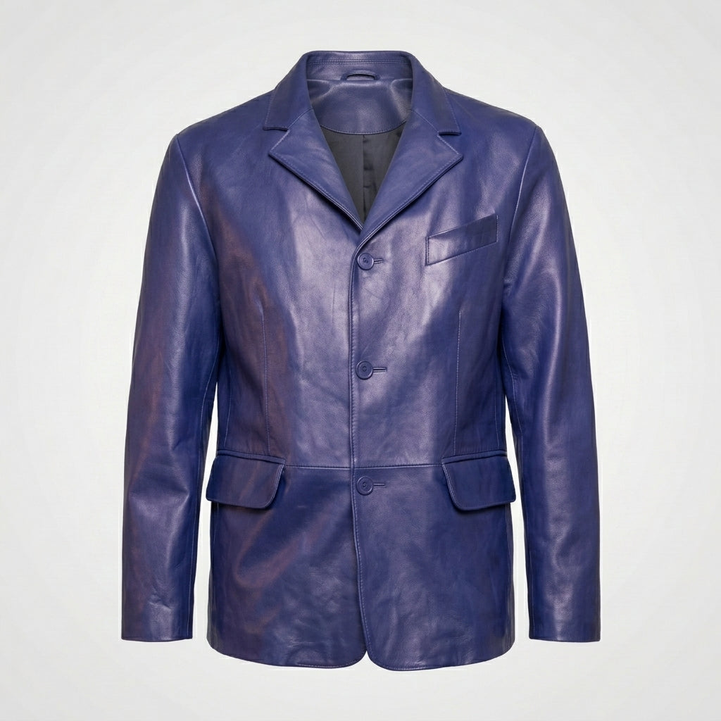 Men’s Classic Blue Leather Blazer Jacket – Slim Fit Smart Casual Style