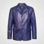 Men’s Classic Blue Leather Blazer Jacket – Slim Fit Smart Casual Style