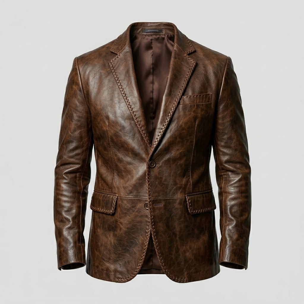 Men’s Brown Leather Blazer – Classic Slim Fit Smart Casual Style
