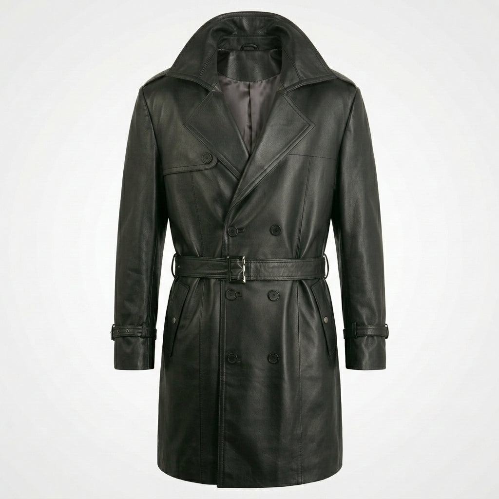 Men’s Genuine Leather Trench Coat – Classic Longline Premium Style