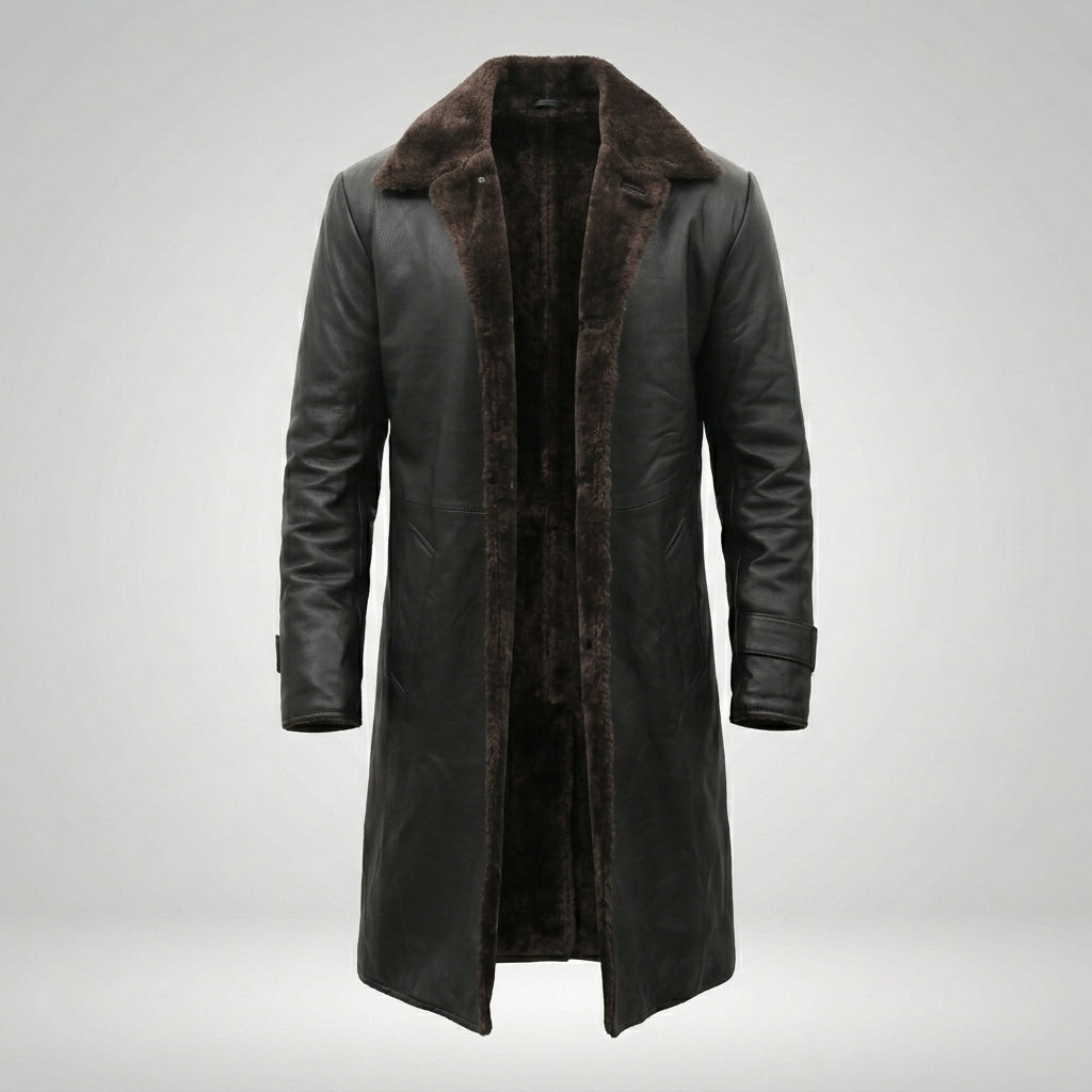 Men’s Black Leather Trench Coat with Shearling Lining
