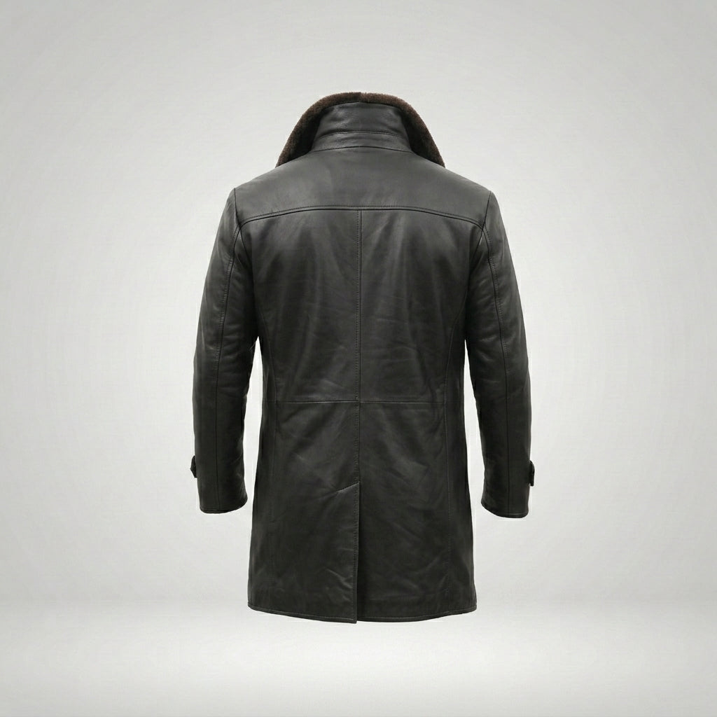 Men’s Black Leather Trench Coat with Shearling Lining