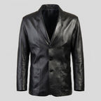Men’s Three-Button Black Leather Blazer Coat
