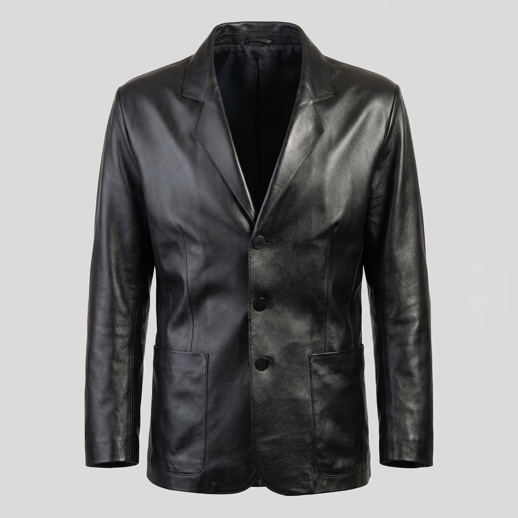 Men’s Three-Button Black Leather Blazer Coat