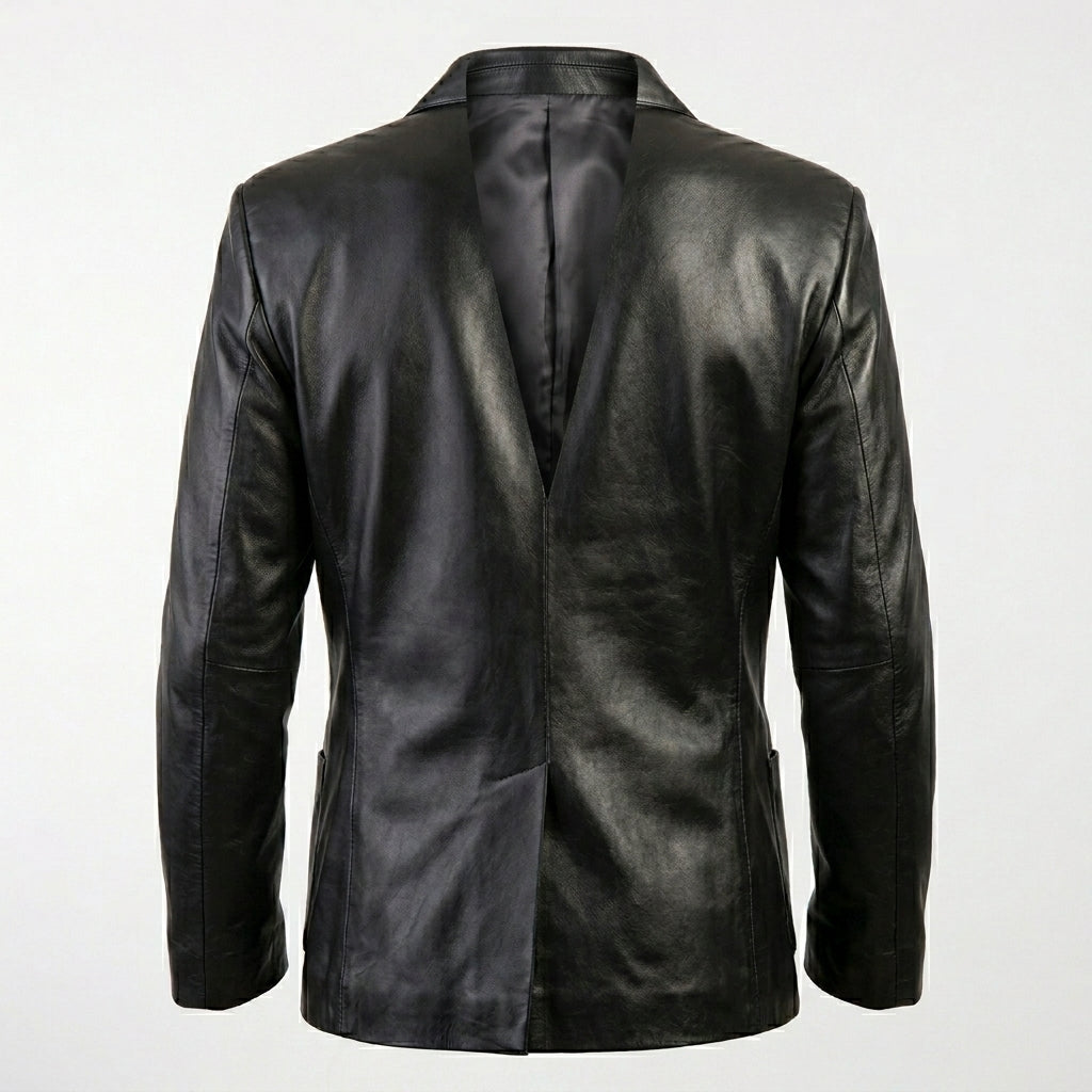 Men’s Three-Button Black Leather Blazer Coat