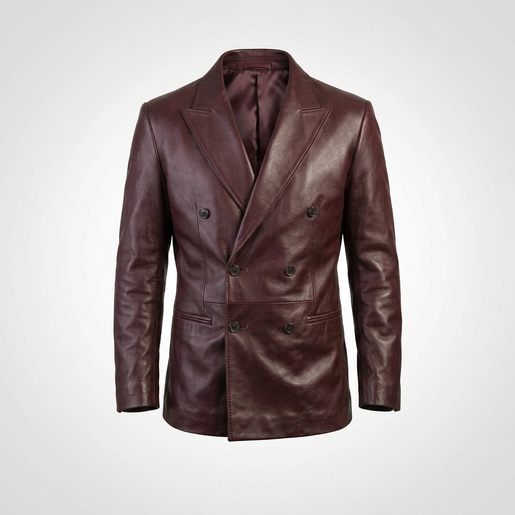 Men’s Burgundy Leather Double-Breasted Blazer